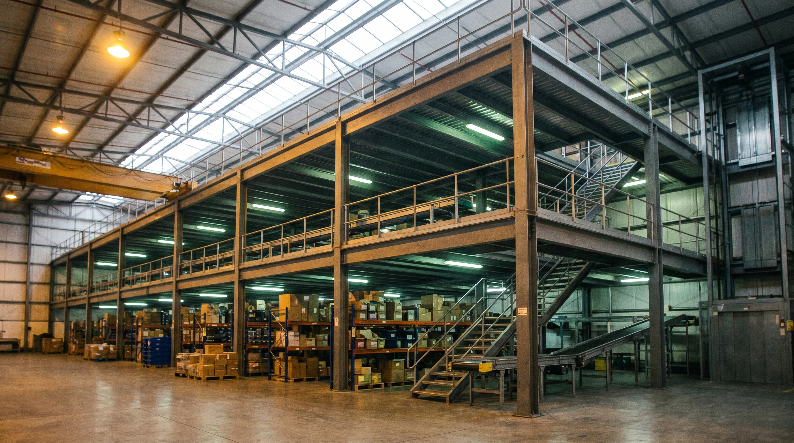 Two tier steel storage platform in a warehouse